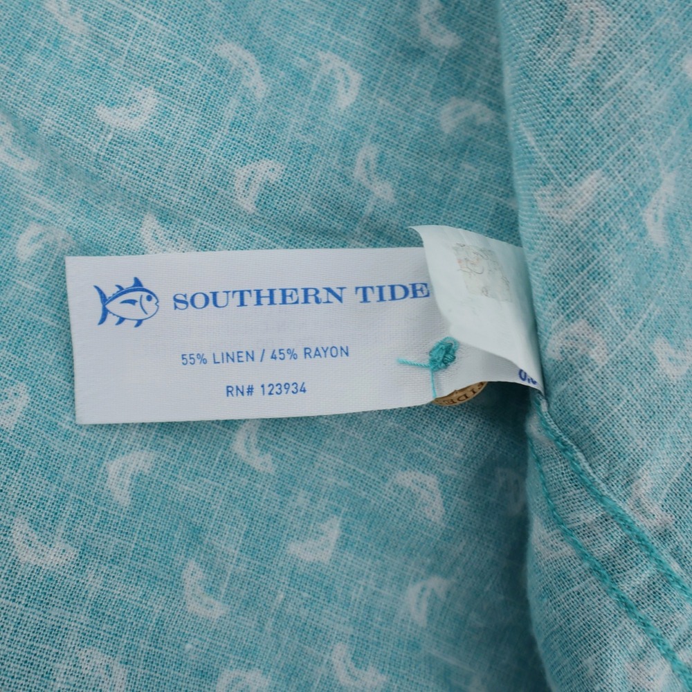 Southern Tide Linen Blend Short Sleeve Button Down Fish Paisley Teal Mens Medium - Picture 6 of 9